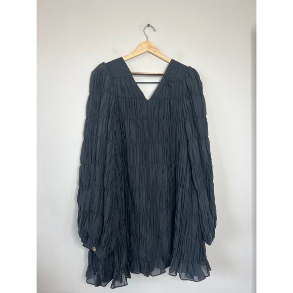 NWT Aje Evelina Ruched Blouson Sleeve V-Neckline Cotton Mini Dress Black Size: 4 - Picture 7 of 8